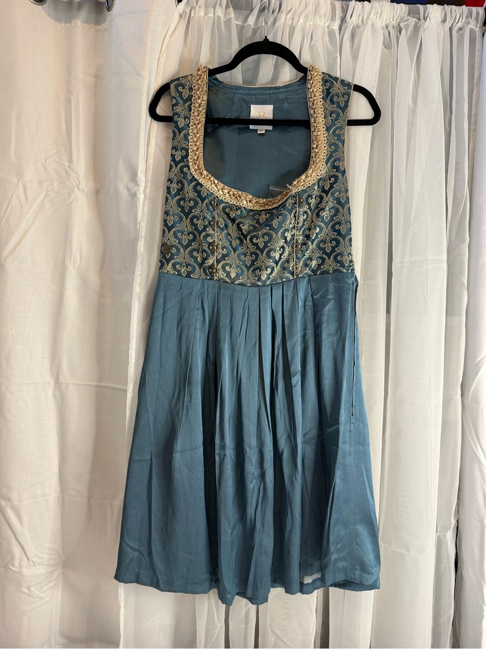 Bavaria Trachten Embellished Teal Sleeveless Renaissance Dress with Gold Trim